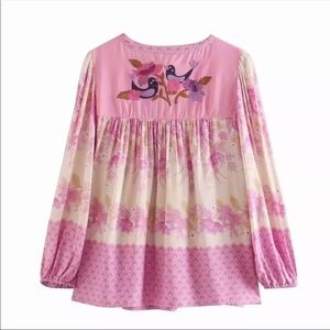 Boho Gypsy Coco Lei Peasant Tunic Blouse Floral top ties embroidered free spirit